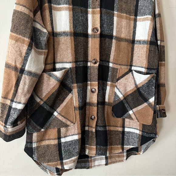 Calista Plaid Wool Blend Flannel Tan Mid Length Button Up Shirt Jacket Shacket - Picture 2 of 9